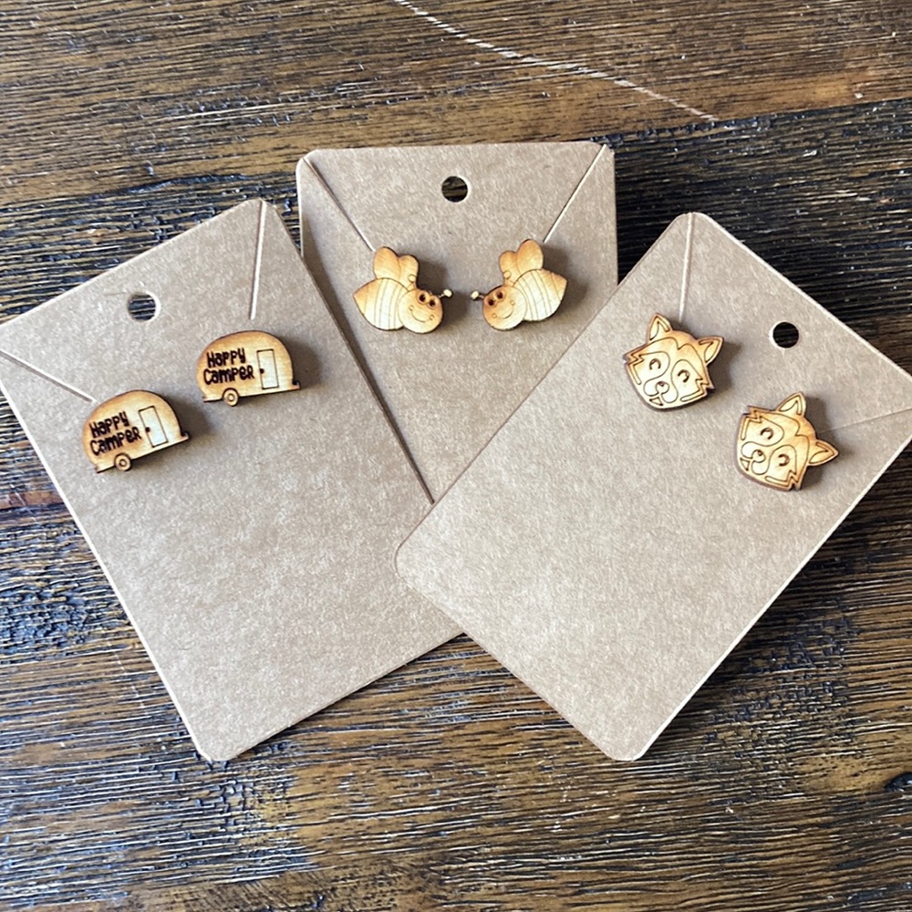 Set of 3 homemade wood earrings bees foxes campers